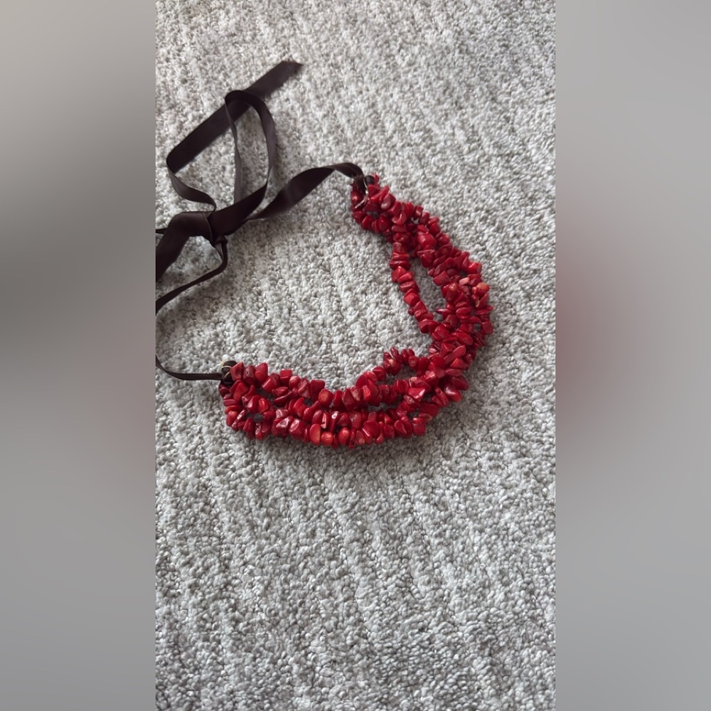 Red Beaded Ribbon-Tie Necklace